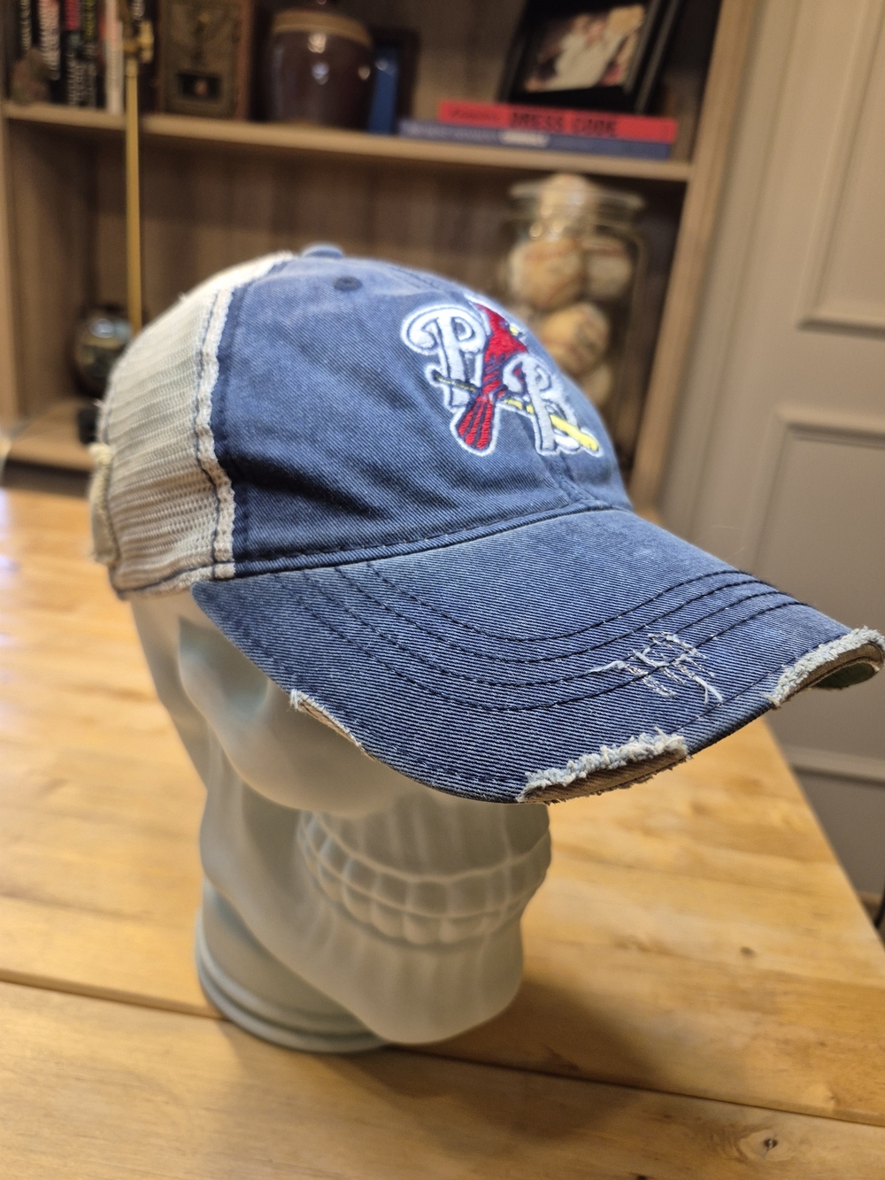 Original Retro Brand Blue Distressed Trucker Hat with Red Cardinal Patch